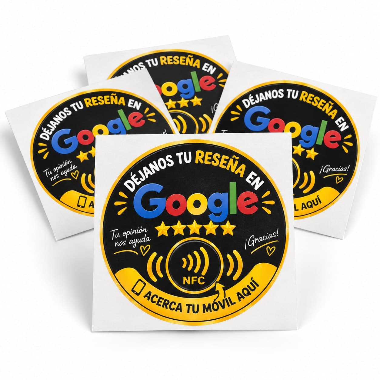 Cuatro pegatinas NFC redondas negras y doradas de La Casa del NFC con «Déjanos tu reseña en Google»
