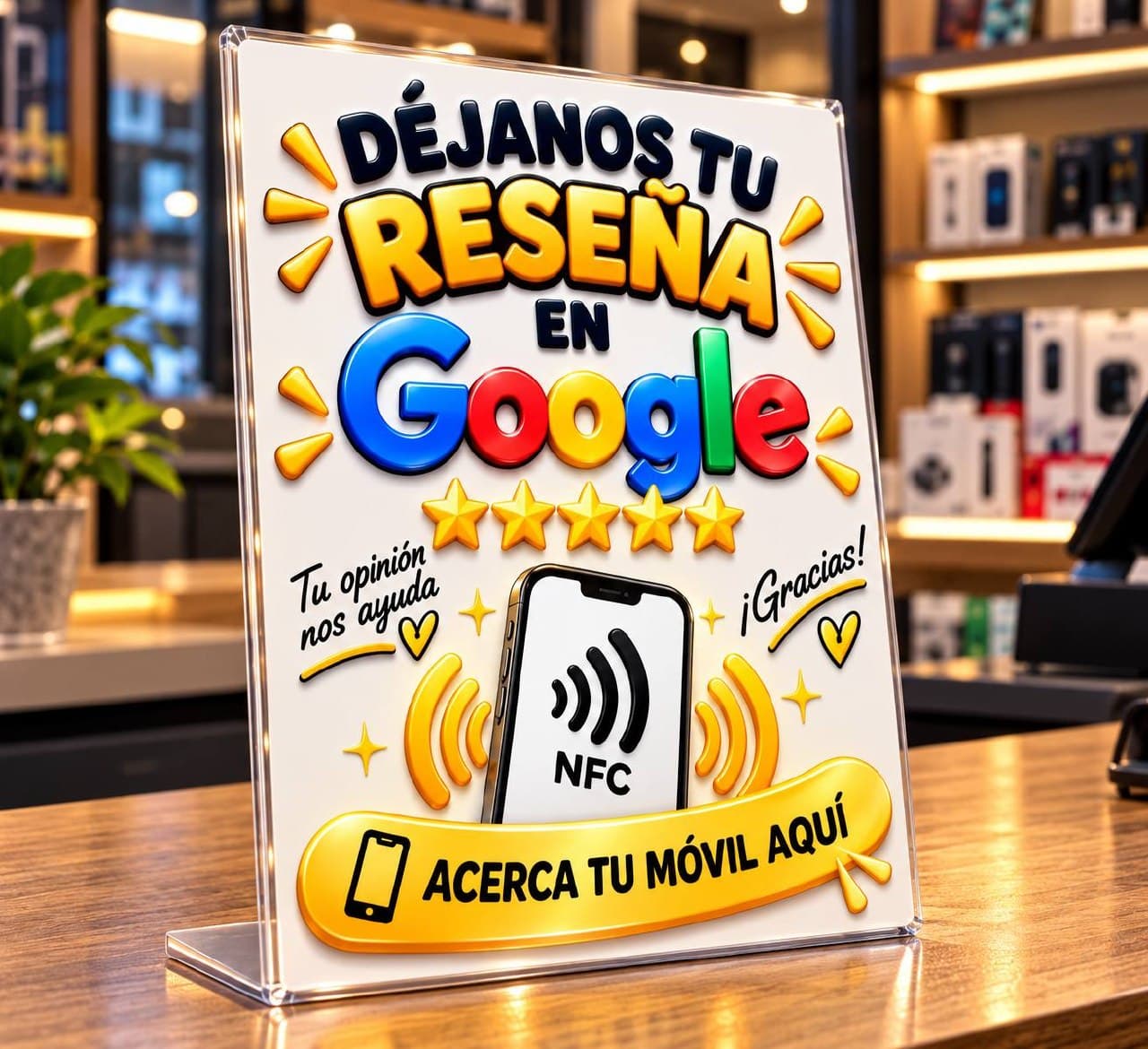 Expositor de sobremesa de La Casa del NFC para reseñas de Google sobre el mostrador
