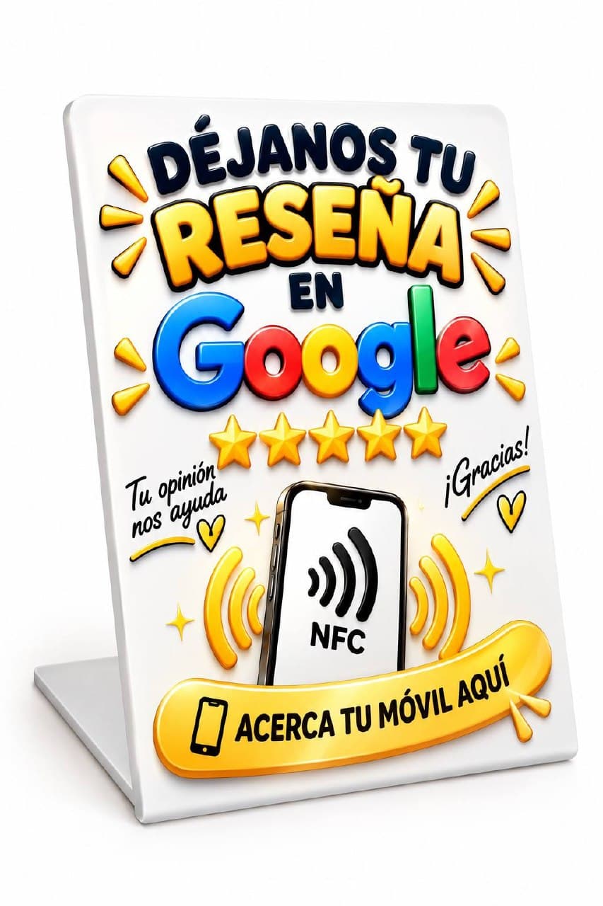 Expositor blanco NFC para reseñas de Google sobre una mesa