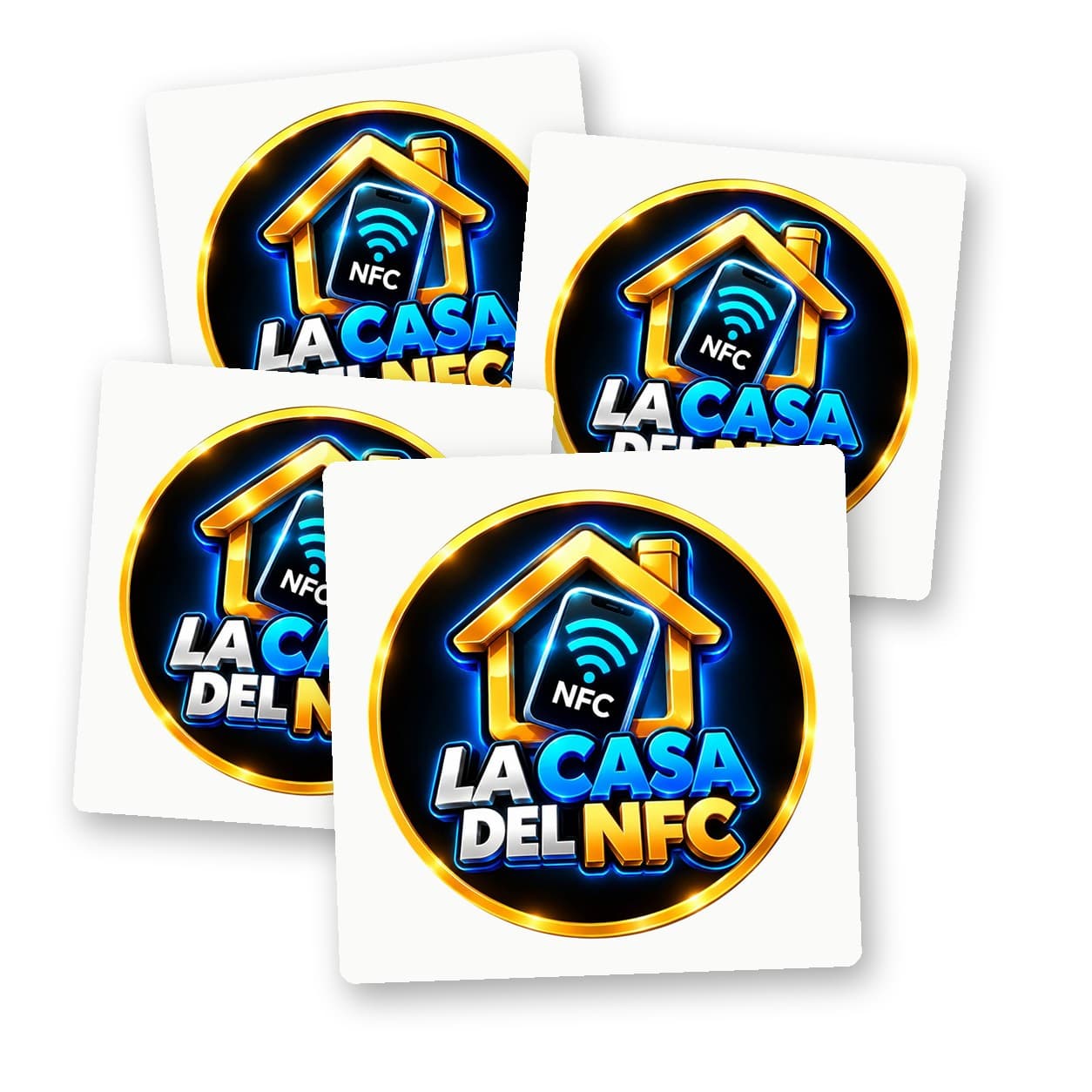 Cuatro pegatinas NFC redondas con el logo de La Casa del NFC, en su papel