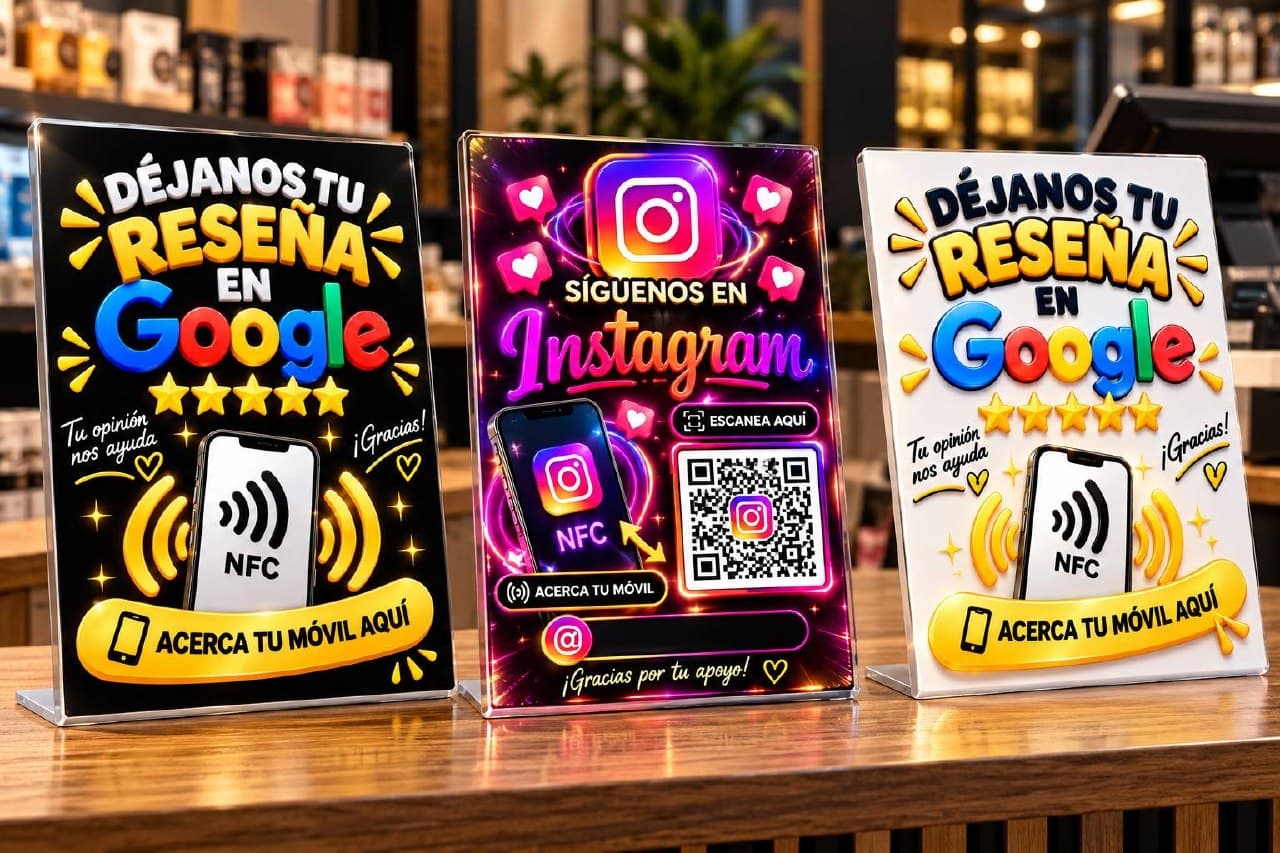 Varios soportes NFC de La Casa del NFC juntos: expositores y placas para reseñas y redes