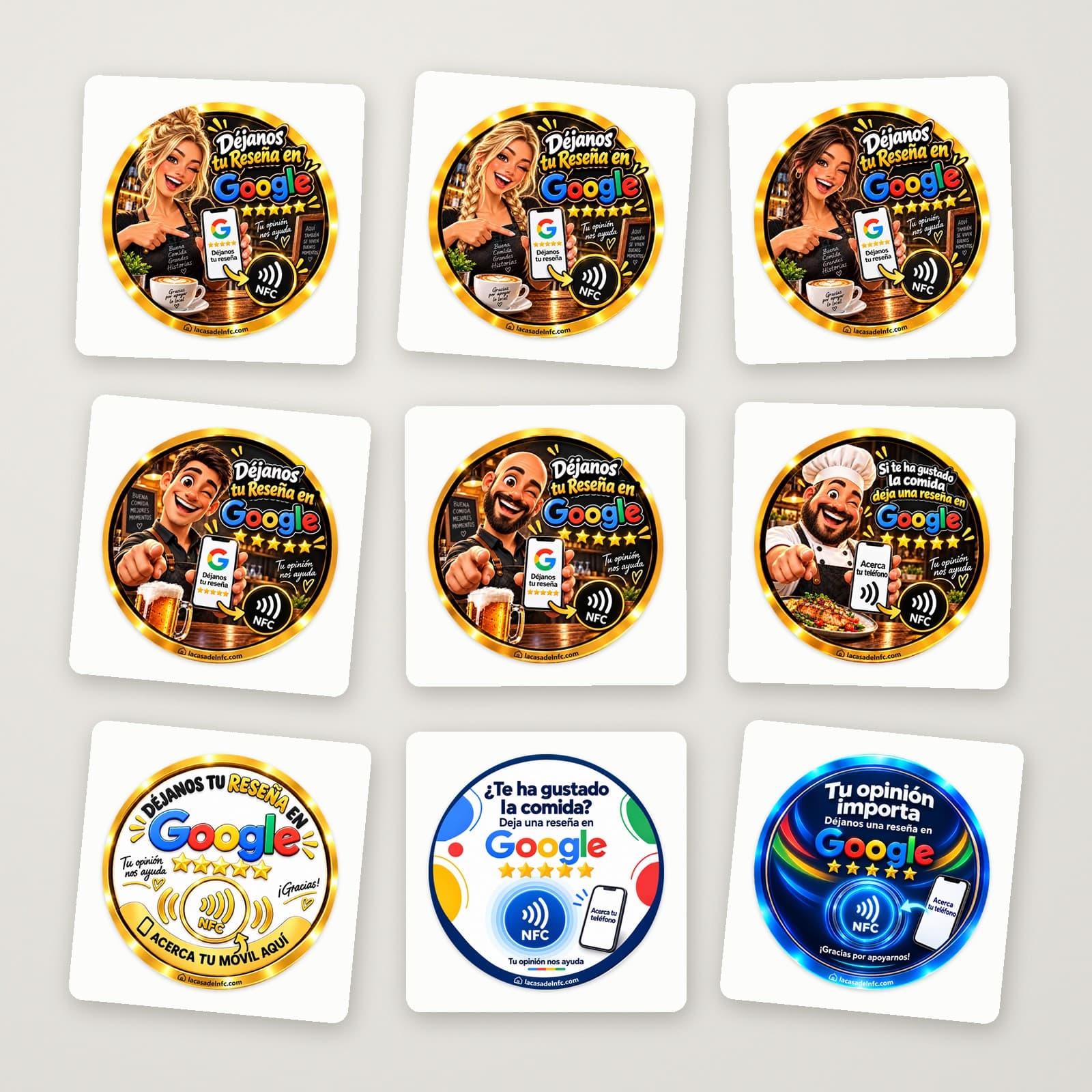 Pegatinas NFC redondas de La Casa del NFC para reseñas de Google, en su papel