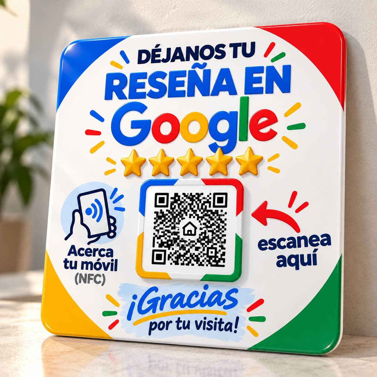Placa NFC de La Casa del NFC para dejar una reseña en Google, con código QR